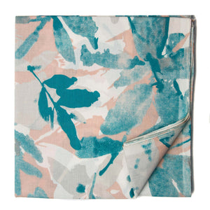 Blue and beige screen printed cotton fabric with leaf design