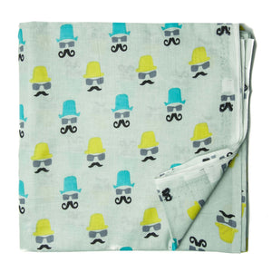 Blue and yellow screen printed cotton fabric with man with moustache design