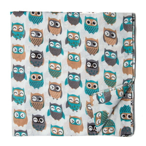 Blue and beige screen printed cotton fabric with man with owl design