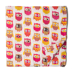 Pink and yellow screen printed cotton fabric with man with owl design