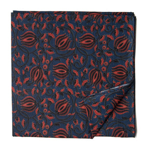 Red and blue screen printed cotton fabric with man with floral design