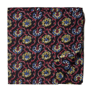 Red and blue screen printed cotton fabric with man with floral design
