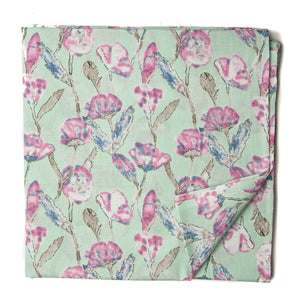 Green and pink screen printed pure cotton fabric with floral design