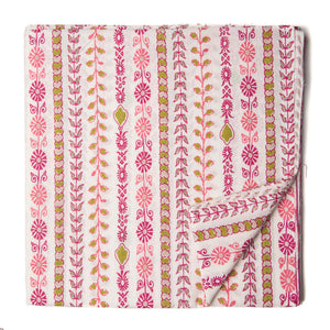 Green and pink screen printed pure cotton fabric with floral design