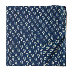 Blue and white screen printed pure cotton fabric with floral design