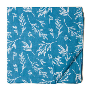 Blue and white screen printed pure cotton fabric with floral design