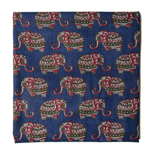 Blue and Maroon Pure cotton screen printed fabric with elephant design