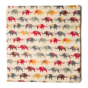 Red and off white pure cotton screen printed fabric with elephant print
