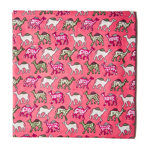 Pink and green pure cotton screen printed fabric with camel print