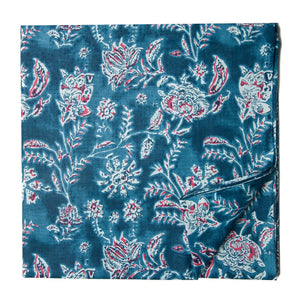 Blue and white pure cotton screen printed fabric with floral print