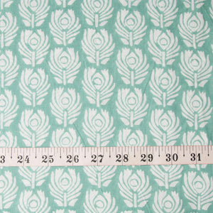 Green & White Cotton Fabric with Peacock Feather Print