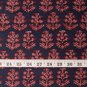 Precut 1meter - Blue & Red Cotton Fabric with Floral Print