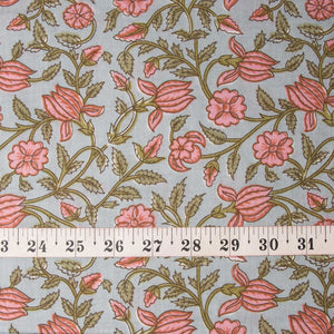 Precut 1meter - Pink & Grey Cotton Fabric with Floral Print