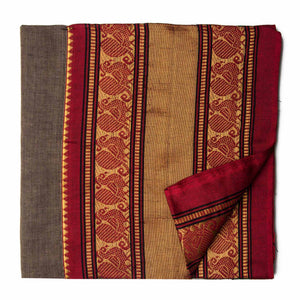 Brown and Maroon Super Fine Pure South Cotton Fabric with Golden peacock border