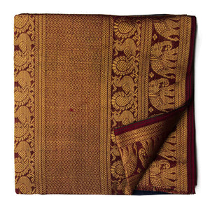 Maroon and Blue Super Fine Pure South Cotton Fabric with Golden Peacock and Elephant border